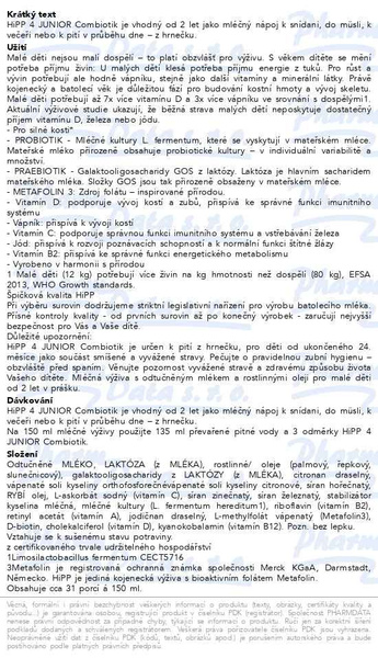 Příbalový leták - HiPP MLÉKO 4 JUNIOR Combiotik 500g