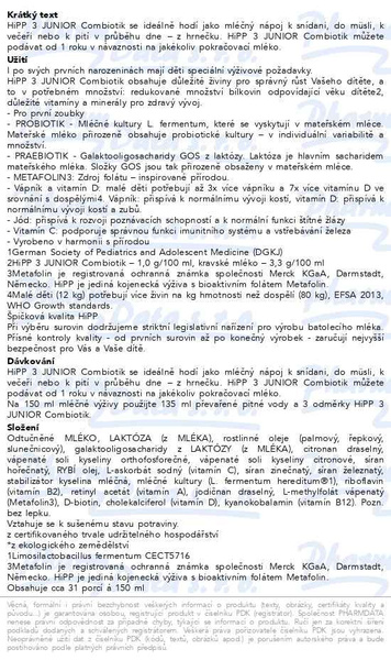 Příbalový leták - HiPP MLÉKO 3 JUNIOR Combiotik 4x500g