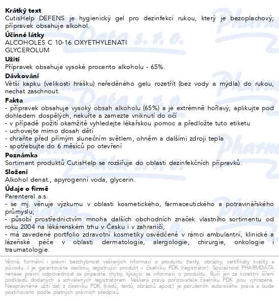 Příbalový leták - CutisHelp DEFENS hygienický gel 100ml