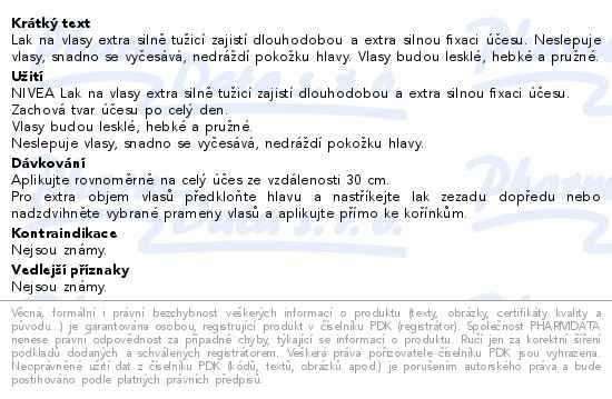 Příbalový leták - NIVEA Lak na vlasy Extra Strong 250ml