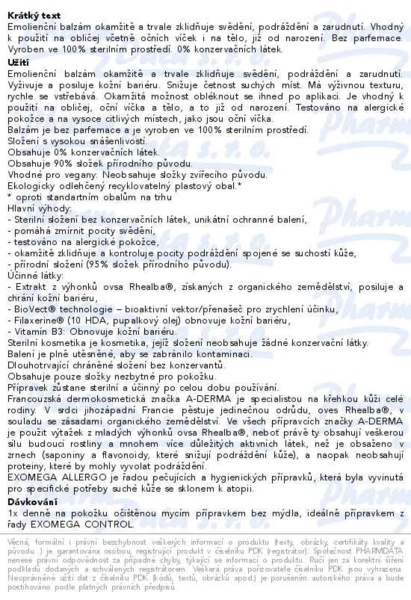 Příbalový leták - A-DERMA Exomega ALLERGO Emolienční balzám 200ml