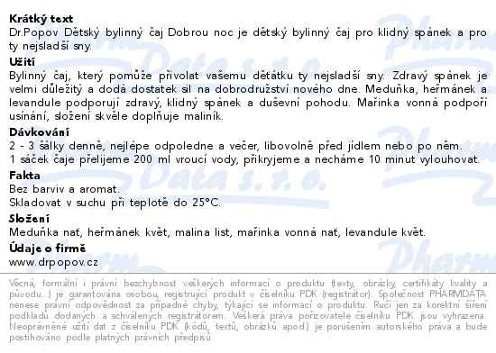 Příbalový leták - Dr.Popov Dětský bylinný čaj Dobrou noc 20x1.5g