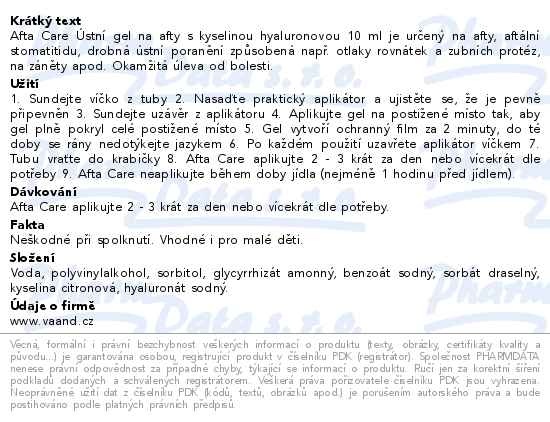 Příbalový leták - AFTA CARE Ústní gel na afty s kyselinou hyaluronovou 10 ml