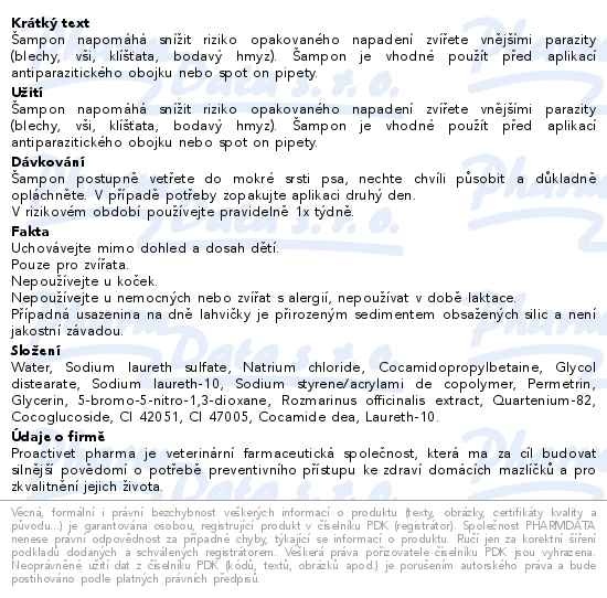Příbalový leták - Proactivet Flea&Tick Derma šampon 250ml