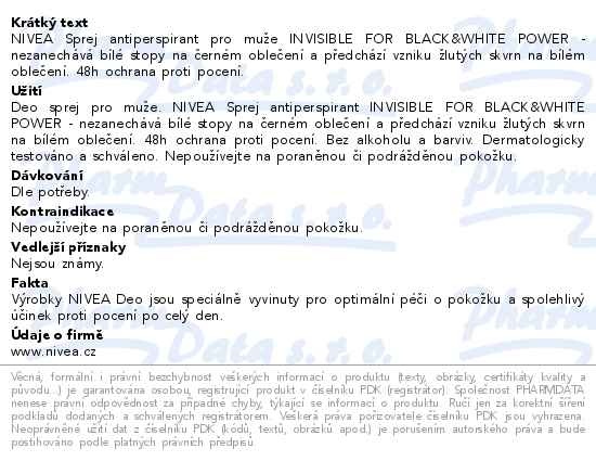 Příbalový leták - NIVEA MEN Sprej antiperspirant pro muže Black&White Invisible Original  150ml
