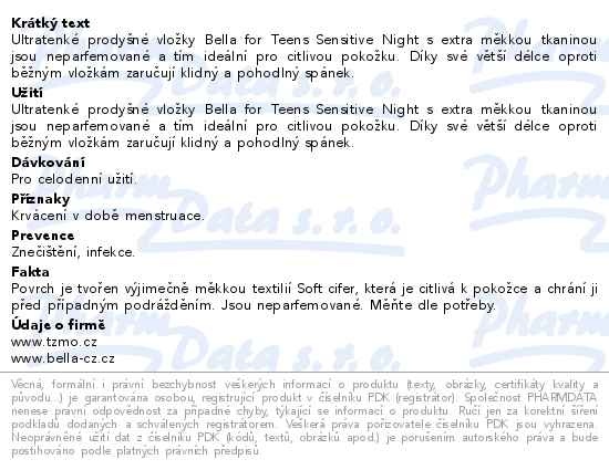 Příbalový leták - Bella for teens hygieni.vložky Sensitive night 8ks
