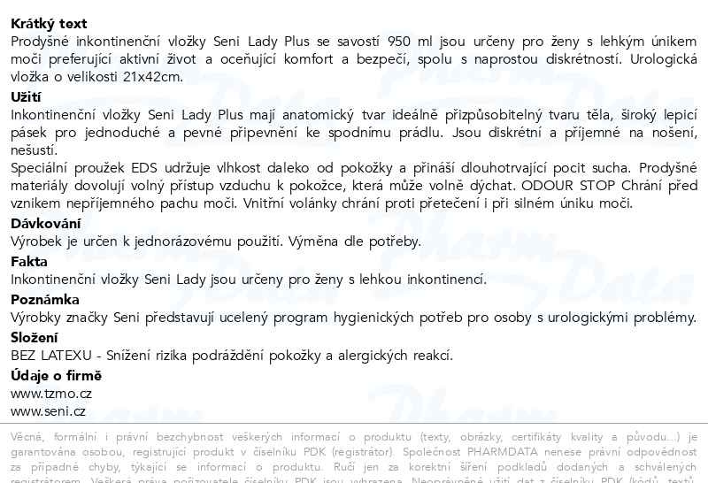 Příbalový leták - Seni Lady Plus inkontinenční vložky 15ks