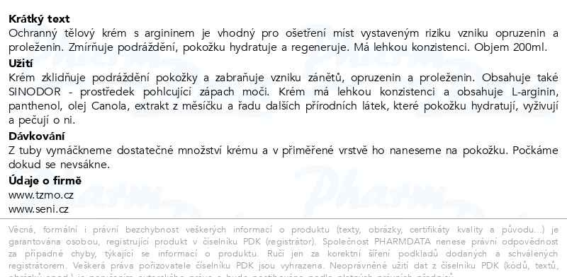Příbalový leták - Seni Care ochranný tělový krém s argininem 200ml