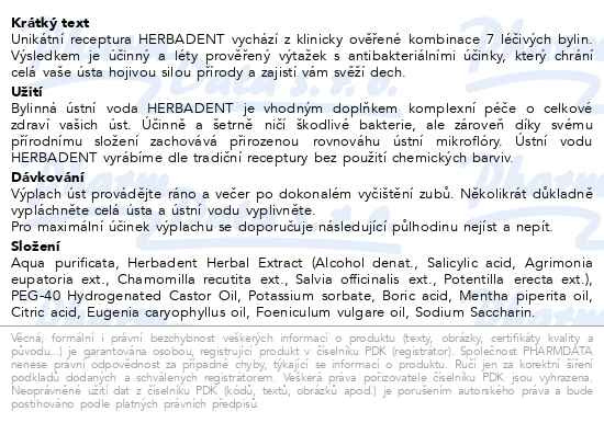 Příbalový leták - HERBADENT ORIGINAL bylinná ústní voda 400ml NEW