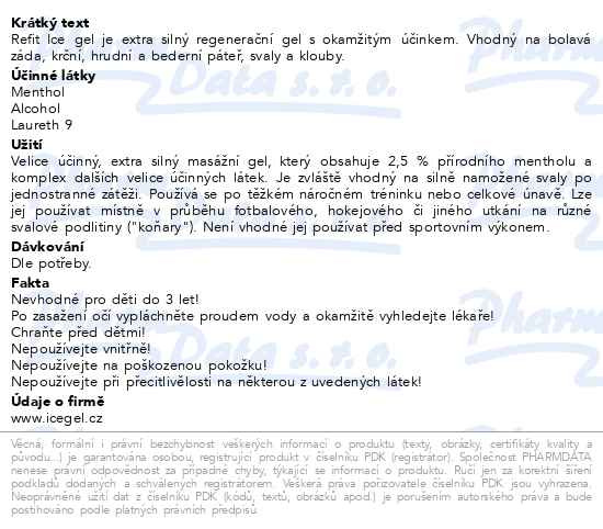 Příbalový leták - Refit Ice gel Menthol Extra 230ml