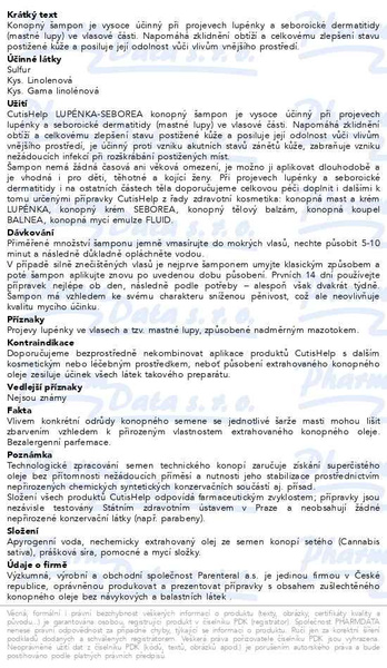 Příbalový leták - CutisHelp LUPÉNKA-SEBOREA konopný šampon 200ml