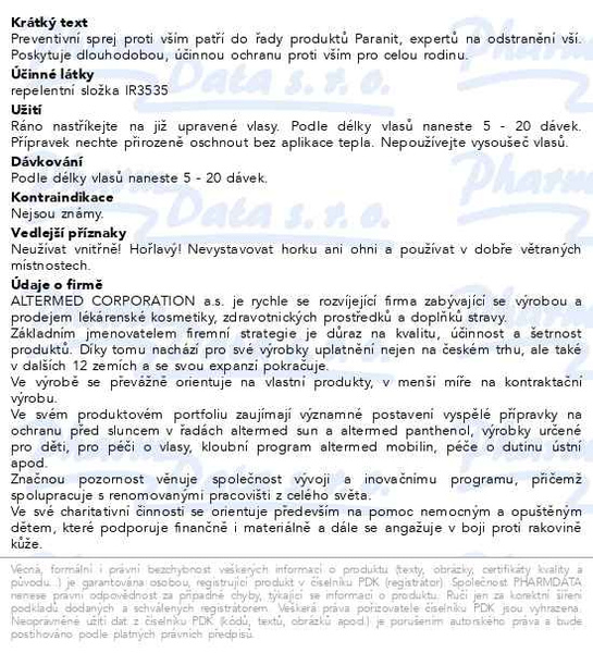 Příbalový leták - Paranit preventivní sprej proti vším 100ml