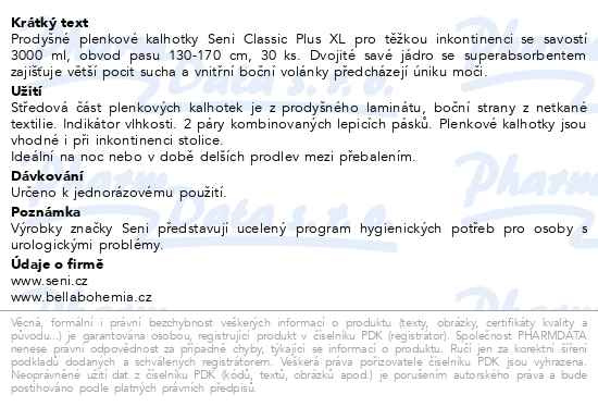 Příbalový leták - Seni Classic Plus XL plen.kalhotky 30ks
