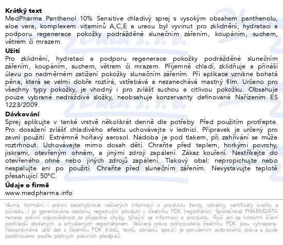Příbalový leták - MedPharma Panthenol 10% Sensit.chladivý sprej150ml