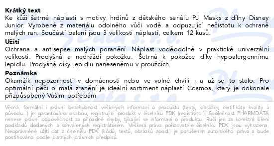 Příbalový leták - Cosmos náplasti dětské PJ Masks 3vel.12ks