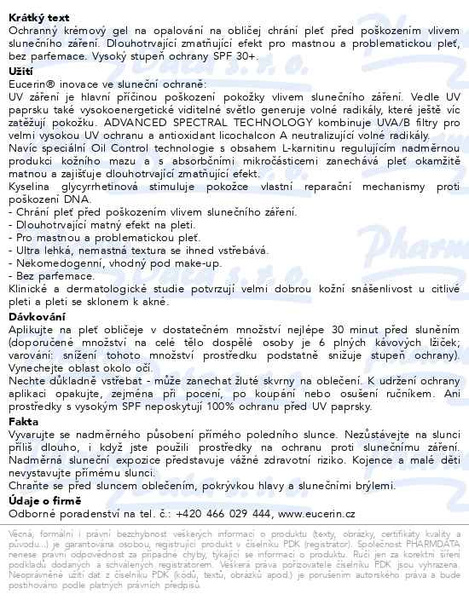 Příbalový leták - EUCERIN SUN gel na obl Oil Control SPF30 50ml