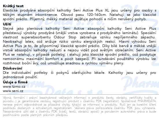 Příbalový leták - Seni Active Plus Extra Large ink.plen.kalh.10ks