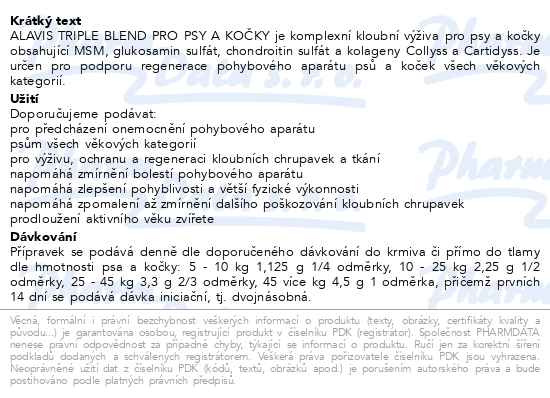 Příbalový leták - ALAVIS Triple blend Pro psy a kočky 200g