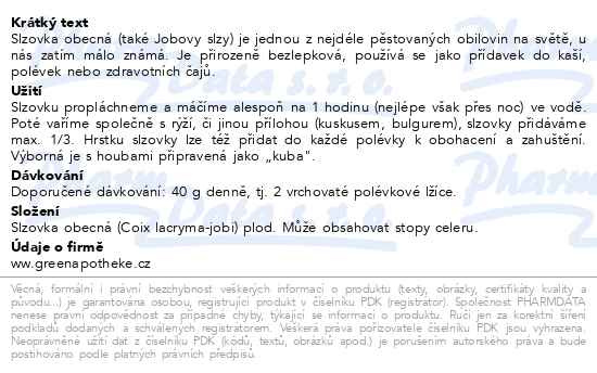 Příbalový leták - Green Apotheke Slzovka 200g