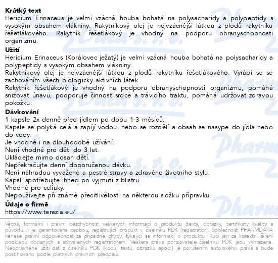 Příbalový leták - TEREZIA Hericium erinaceus s rakyt.olejem cps.60
