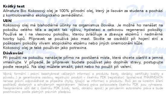 Příbalový leták - Allnature Kokosový olej panenský BIO 1000ml