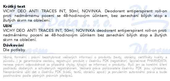 Příbalový leták - Vichy Antiperspirant 48h, nezanechává stopy na oblečení roll-on 50ml