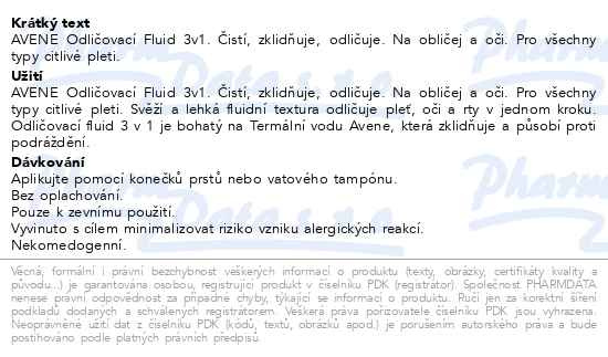 Příbalový leták - AVENE Odličovací fluid 3v1 200ml