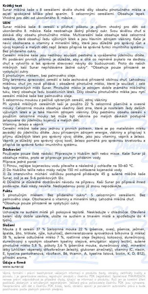 Příbalový leták - Sunar mléčná kaše s 8 cereáliemi na dobrou noc piškotová 210g