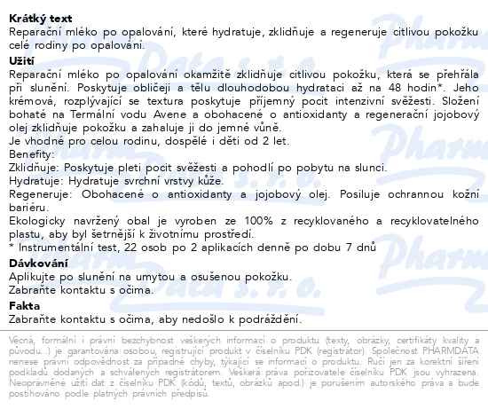 Příbalový leták - AVENE Sun Reparační mléko po opalování 200ml