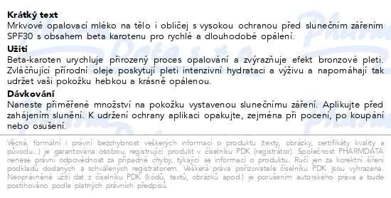 Příbalový leták - VIVACO mrkvové opalovací mléko SPF30 150ml
