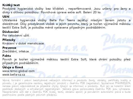 Příbalový leták - Bella For Teens Sensitive hygienické vložky 20ks