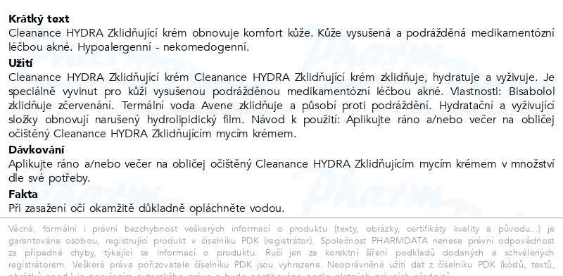 Příbalový leták - AVENE Cleanance Hydra Zklidňující krém 40ml