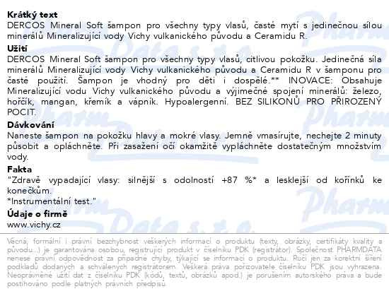 Příbalový leták - VICHY DERCOS Mineral Soft jemný a posilující šampon pro všechny typy vlasů 200ml