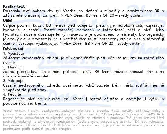 Příbalový leták - Nivea Zkrášlující hydratační BB krém 5v1 světlý 50ml
