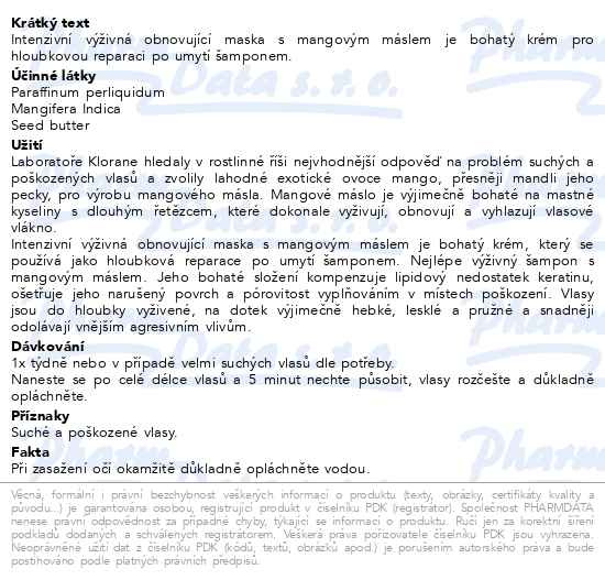 Příbalový leták - KLORANE Maska mango na suché vlasy 150ml
