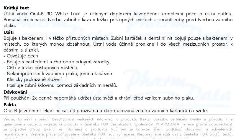 Příbalový leták - Oral-B ústní voda 3D White Luxe 500ml