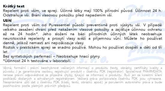 Příbalový leták - PURESSENTIEL Repelent proti vším 75ml