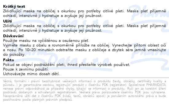 Příbalový leták - Holika Holika pleťová látková maska s okurkou 23ml