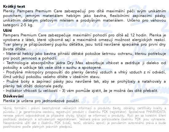 Příbalový leták - Pampers Premium Care Value Pack S1 72ks