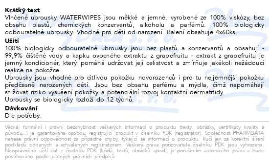 Příbalový leták - Waterwipes 100% bioodbouratelné ubrousky 4x60ks