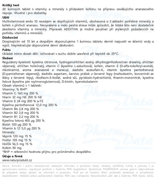 Příbalový leták - Additiva multivitamin + minerály + kofein, Ananas 20 šumivých tablet