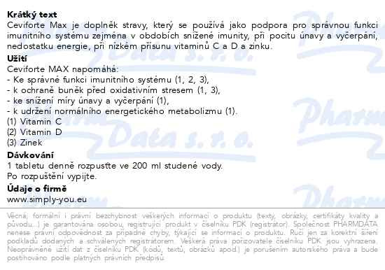 Příbalový leták - Ceviforte Max C+D+Zn 20 šumivých tablet