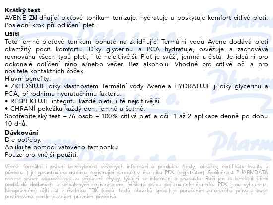 Příbalový leták - AVENE Zklidňující pleťové tonikum 200ml