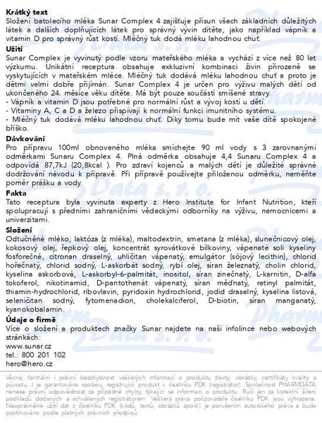 Příbalový leták - Sunar Complex 4 batolecí mléko 600 g