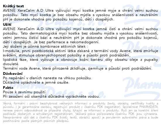 Příbalový leták - AVENE XeraCalm A.D Ultra vyživuj.mycí kostka 100g