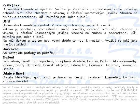 Příbalový leták - Vazelína bílá kosmetická Valinka 200ml nová