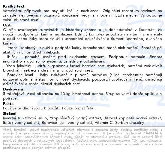 Příbalový leták - Green Idea Kašel a nachlazení sirup pro psy 200ml