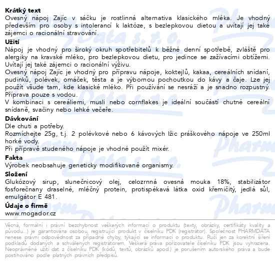 Příbalový leták - Ovesný nápoj Zajíc sáček 400g DOYPACK