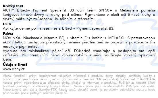Příbalový leták - VICHY LIFTACTIV Pigment Specialist B3 oční SPF50+ 15ml