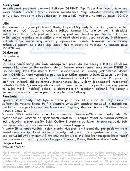 Příbalový leták - Depend Slip Super Plus inkont.kalhotky vel.XL 15ks